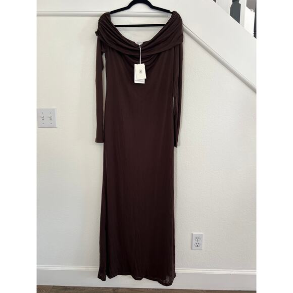 NWT Peppermayo Cocoa Long Sleeve Foldover Off Shoulder Maxi Dress Womens Sz 12 - Picture 1 of 16